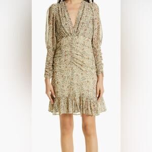 New ~ ANTHROPOLOGIE , ~ BY TIMO ~ Print V-Neck Long Sleeve Georgette Dress S